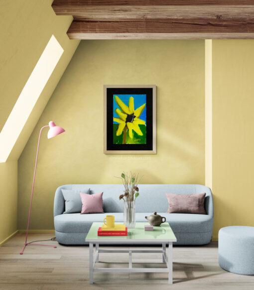 Das Bild „Crazy Flower“ von Newhardstyleart zeigt eine stilisierte, fast kindlich-energetische Darstellung einer gelben Blume, die an eine Sonnenblume erinnert. Die Blütenblätter sind leuchtend gelb, strahlen in alle Richtungen und wirken bewusst unregelmäßig gezeichnet, was dem Ganzen eine lebendige, „verrückte“ Ausstrahlung gibt. Die Mitte der Blume ist schwarz mit kleinen roten Punkten, was einen interessanten, fast pop-art-artigen Kontrast schafft. Der Hintergrund besteht aus einem klaren, kräftigen Blau für den Himmel und sattem Grün für die Landschaft. Der braune Stängel ragt aus dem unteren Bildbereich in die Blüte hinein. Der Malstil ist digital, mit breiten, weichen Pinselstrichen und kräftigen, ungemischten Farben. Das Gesamtbild wirkt fröhlich, verspielt und etwas unkonventionell – passend zum Titel „Crazy Flower“. Interpretativ könnte „Crazy Flower“ eine Feier der Individualität und Unangepasstheit sein. Die Blüte weicht deutlich von einer „perfekten“ Sonnenblumenform ab – ihre Blätter sind unterschiedlich lang, unregelmäßig angeordnet und strahlen fast wie in Bewegung. Das könnte symbolisieren, dass wahre Schönheit oft im Unperfekten, im Spontanen und im Eigensinn liegt. Die kräftigen Primärfarben – Gelb, Blau und Grün – vermitteln Freude, Optimismus und Energie. Die roten Punkte im dunklen Zentrum könnten als „kleine Funken“ interpretiert werden: Ideen, Emotionen oder Besonderheiten, die im Inneren schlummern und die Blume einzigartig machen. Insgesamt wirkt das Bild wie eine Hommage an das Anderssein: nicht streng geordnet, sondern wild, frei und lebendig – eben „crazy“.