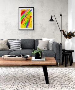 Das Bild „Herbst“ von Newhardstyleart zeigt einen abstrakten, farbenfrohen Hintergrund aus breiten, weichen Pinselstrichen in kräftigem Rot, Gelb, Grün, Orange, Blau und Violett. Die Farben verlaufen diagonal und überlappen sich teilweise, wodurch eine lebendige, dynamische Wirkung entsteht. Darüber legen sich feine, schwarze Linien, die wie die Silhouetten kahler, verzweigter Äste wirken. Diese Linien kontrastieren stark mit den leuchtenden Farbfeldern und vermitteln ein herbstliches Gefühl – als ob das bunte Laub bereits gefallen ist und nur noch die nackten Zweige übrig bleiben. Der Titel „Herbst“ passt somit sowohl zu den warmen, herbstlichen Farbtönen als auch zu der Symbolik der kahlen Zweige. Das Zusammenspiel von lebendiger Farbe und minimalistischer Linienstruktur erzeugt einen spannenden visuellen Gegensatz.