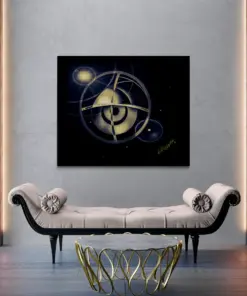 Das Bild „Galaxy Engelsrufer“ von Newhardstyleart® zeigt eine abstrakte, futuristische Komposition mit kosmischem Flair.Im Zentrum schwebt eine leuchtende, gold-gelb strahlende Kugelform, die von mehreren transparenten, ringartigen Strukturen durchzogen wird. Diese Ringe kreuzen sich in einem Kreuzmuster und verleihen dem Ganzen einen technischen, fast astronomischen Charakter – wie eine Mischung aus einer Planetenbahn, einem Armillarsphären-Instrument und einem spirituellen Symbol.Hintergrund und Farbpalette sind überwiegend in tiefem Schwarz und dunklem Blau gehalten, was den Eindruck eines Weltraumszenarios verstärkt. Sanfte Lichtreflexe, Sternpunkte und sphärische Lichtscheiben schweben um die zentrale Form und geben dem Bild Tiefe und Räumlichkeit.Links oben leuchtet eine helle, strahlende Lichtquelle – wie eine Sonne oder ein Stern –, deren Strahlen durch das Bild verlaufen. Rechts unten ist eine geschwungene, goldene Signatur des Künstlers zu sehen.Das Werk wirkt wie eine Symbiose aus spiritueller Symbolik und futuristischer Astronomie – als würde ein „Engelsrufer“ nicht in einer kirchlichen, sondern in einer galaktischen Dimension existieren.