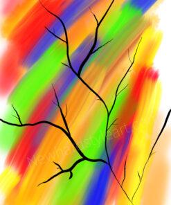Das Bild „Herbst“ von Newhardstyleart zeigt einen abstrakten, farbenfrohen Hintergrund aus breiten, weichen Pinselstrichen in kräftigem Rot, Gelb, Grün, Orange, Blau und Violett. Die Farben verlaufen diagonal und überlappen sich teilweise, wodurch eine lebendige, dynamische Wirkung entsteht. Darüber legen sich feine, schwarze Linien, die wie die Silhouetten kahler, verzweigter Äste wirken. Diese Linien kontrastieren stark mit den leuchtenden Farbfeldern und vermitteln ein herbstliches Gefühl – als ob das bunte Laub bereits gefallen ist und nur noch die nackten Zweige übrig bleiben. Der Titel „Herbst“ passt somit sowohl zu den warmen, herbstlichen Farbtönen als auch zu der Symbolik der kahlen Zweige. Das Zusammenspiel von lebendiger Farbe und minimalistischer Linienstruktur erzeugt einen spannenden visuellen Gegensatz.