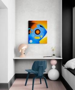 Das digitale Kunstwerk 'Intergalactic Turtle' von Newhardstyleart® zeigt eine abstrakte, farbintensive Komposition. Im Zentrum befindet sich ein kreisförmiges Element in kräftigem Blau, das an ein Auge oder eine Linse erinnert. Der Mittelpunkt leuchtet in tiefem Orange, umgeben von konzentrischen Kreisen. Die oberen Bereiche sind in warmen Orange- und Gelbtönen gestaltet, während die unteren in kräftigem Blau und Türkis leuchten. Schwarze Segmente und geometrische Formen durchbrechen die Fläche und erzeugen Kontrast. „Intergalactic Turtle“ verbindet leuchtendes Blau und Orange zu einem abstrakten, futuristischen Motiv, das zwischen kosmischem Auge und mechanischer Form schwebt. Ein Schildkrötenpanzer aus Licht und Farbe – so wirkt „Intergalactic Turtle“. Die Komposition pulsiert zwischen Blau wie Ozeantiefe und Orange wie Sonnenhitze. Es ist, als hätte sich eine kosmische Schildkröte aus Galaxienstaub und Maschinenfragmenten zusammengesetzt, bereit, durch Raum und Zeit zu gleiten.