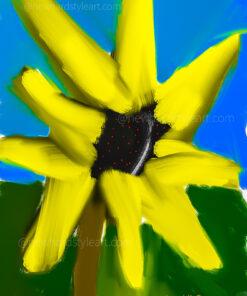 Das Bild „Crazy Flower“ von Newhardstyleart zeigt eine stilisierte, fast kindlich-energetische Darstellung einer gelben Blume, die an eine Sonnenblume erinnert. Die Blütenblätter sind leuchtend gelb, strahlen in alle Richtungen und wirken bewusst unregelmäßig gezeichnet, was dem Ganzen eine lebendige, „verrückte“ Ausstrahlung gibt. Die Mitte der Blume ist schwarz mit kleinen roten Punkten, was einen interessanten, fast pop-art-artigen Kontrast schafft. Der Hintergrund besteht aus einem klaren, kräftigen Blau für den Himmel und sattem Grün für die Landschaft. Der braune Stängel ragt aus dem unteren Bildbereich in die Blüte hinein. Der Malstil ist digital, mit breiten, weichen Pinselstrichen und kräftigen, ungemischten Farben. Das Gesamtbild wirkt fröhlich, verspielt und etwas unkonventionell – passend zum Titel „Crazy Flower“. Interpretativ könnte „Crazy Flower“ eine Feier der Individualität und Unangepasstheit sein. Die Blüte weicht deutlich von einer „perfekten“ Sonnenblumenform ab – ihre Blätter sind unterschiedlich lang, unregelmäßig angeordnet und strahlen fast wie in Bewegung. Das könnte symbolisieren, dass wahre Schönheit oft im Unperfekten, im Spontanen und im Eigensinn liegt. Die kräftigen Primärfarben – Gelb, Blau und Grün – vermitteln Freude, Optimismus und Energie. Die roten Punkte im dunklen Zentrum könnten als „kleine Funken“ interpretiert werden: Ideen, Emotionen oder Besonderheiten, die im Inneren schlummern und die Blume einzigartig machen. Insgesamt wirkt das Bild wie eine Hommage an das Anderssein: nicht streng geordnet, sondern wild, frei und lebendig – eben „crazy“.