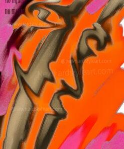 Das Bild 'Retro Magazine' von Newhardstyleart zeigt ein farbintensives, abstraktes Plakat. Der Hintergrund besteht aus kräftigem Orange, das von magenta-rosa Flächen eingerahmt wird. In der Mitte verlaufen dunkle, kantige Linien, die wie ein stilisiertes Gesicht im Profil wirkt. Die Formen überlagern sich dynamisch, fast wie eine Unterhaltung in Bewegung. Oben links steht in rosa Schrift: „no colors / no lights / no music“. Oben mittig in großen weißen Buchstaben: „no art“. Unten mittig befindet sich die Signatur „newhardstyleart“ sowie ein Copyright-Hinweis. Trotz des Textes, der eine Welt ohne Kunst beschreibt, ist das Bild voller Energie, Farbe und Ausdruckskraft.