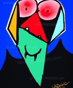 Das Bild "Dracula on his trip" von Newhardstyleart® zeigt eine stilisierte, geometrisch-abstrahierte Figur, die als Dracula interpretiert werden kann. Der Kopf besteht aus klar abgegrenzten, farbigen Flächen in Rot, Gelb, Türkis, Grün und Schwarz. Besonders auffällig sind die beiden großen roten Augen, die wie übernächtigt oder unter Drogen wirkend erscheinen. Aus dem grünen Gesicht ragen zwei kleine Vampirzähne heraus, die an ein Lächeln erinnern. Der Hintergrund ist kräftig blau, während schwarze Flächen an Fledermausflügel erinnern. Insgesamt wirkt die Darstellung verspielt, farbintensiv und humorvoll.