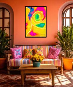 Das digitale Kunstwerk „Dancefloor Desert“ von Newhardstyleart® leuchtet in kräftigen, kontrastreichen Farben. Der Hintergrund ist ein intensives, warmes Gelb, das an Sonnensand erinnert. Darauf liegen organische, fließende Farbflächen in Pink, Blau, Grün und Türkis. In der Bildmitte zieht sich eine weiße Spiralform wie ein Strudel oder Tanzwirbel durch die Komposition. Weitere weiße Linien schlängeln sich wie Wege durch die Wüste. Oben links findet sich eine dunkle, fast schwarze Kugel, die an eine Sonne oder einen Mond erinnert. Das Bild wirkt lebendig, dynamisch und gleichzeitig geheimnisvoll.