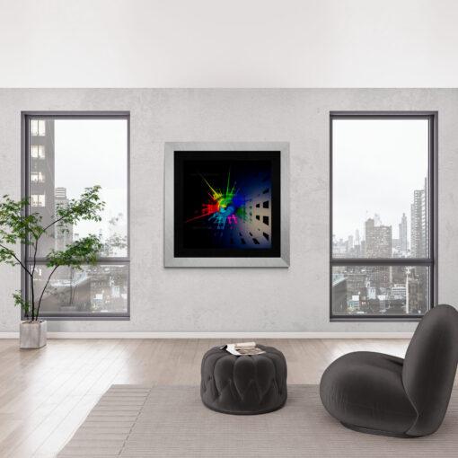Das Bild "Colored City Splash" von Newhardstyleart® zeigt eine abstrakte, digitale Komposition mit einem zentralen kugelförmigen Element, das in leuchtenden Regenbogenfarben gestaltet ist. Aus dieser Kugel scheinen farbige Strahlen in alle Richtungen auszubrechen, wodurch ein dynamischer, explosionsartiger Effekt entsteht.Die linke Bildhälfte ist überwiegend dunkel mit vereinzelten roten und gelben Strahlen, während die rechte Hälfte in Blautönen und Schwarz gehalten ist, durchbrochen von rechteckigen, perspektivisch angeordneten Flächen, die wie Fenster oder digitale Raster wirken.Der Hintergrund ist tiefschwarz und lässt die kräftigen Farben besonders intensiv wirken. Das Bild hat einen futuristischen, fast schon psychedelischen Charakter, verstärkt durch die Bewegungseffekte und die geometrischen Muster.