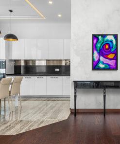 Das digitale Kunstwerk „Dancefloor Warehouse Cologne“ von Newhardstyleart® zeigt eine abstrakte, farbintensive Komposition. Im Zentrum dominiert eine große, spiralförmige Bewegung in kräftigen Violett-, Blau- und Pinktönen, die den Blick ins Innere zieht. In der Mitte leuchten warme Farben wie Rot, Orange und Gelb, die einen pulsierenden Kern bilden. Rundherum fließen geschwungene Farbflächen in Türkis, Grün, Weiß und Lila ineinander, durchzogen von klaren schwarzen Linien, die die Dynamik strukturieren. Oben links hebt sich ein weißer Kreis mit leuchtenden Strahlen ab, wie ein Lichtspot oder Laser, der die Stimmung eines Dancefloors evoziert. Das Werk wirkt wie ein energetisches Spiel aus Musik, Licht und Bewegung – ein visuelles Echo der Clubnächte.