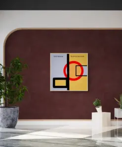 Das Bild '1919 Weimar - nicht der Baumarkt von Newhardstyleart® ist eine abstrakte, geometrische Komposition im Bauhaus-Stil. Es ist in zwei Hälften geteilt: • Die linke Seite ist in kühlem Graulila gehalten, die rechte Seite in warmem Gelb-Orange. • Ein dicker schwarzer Balken verläuft senkrecht durch die Mitte und teilt die beiden Flächen. • Mehrere schwarze Rechtecke sind im Bild angeordnet, teilweise gelb gefüllt. • Ein roter Kreis (nur als Umriss) liegt mittig über beiden Hälften. • Oben links steht der Text „1919 Weimar“, oben rechts „Nicht der Baumarkt