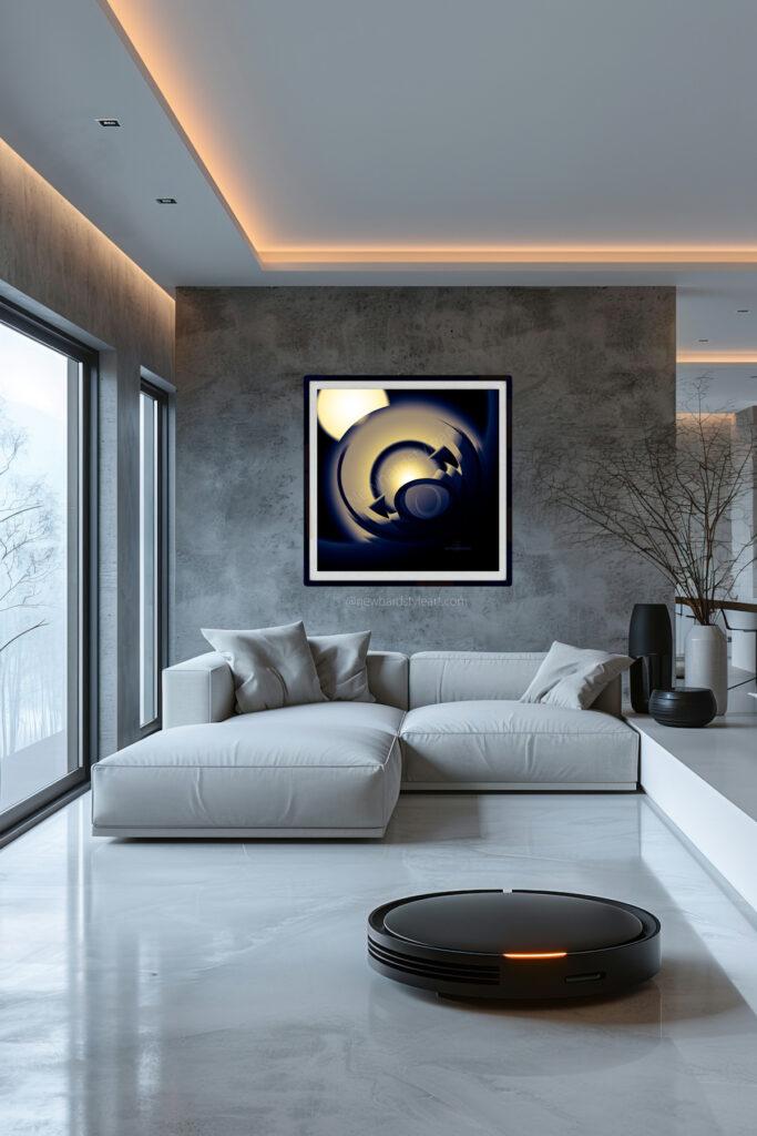 Das Bild „Space Arena“ von Newhardstyleart zeigt eine digitale, abstrakte Komposition mit kräftigen Kontrasten aus tiefem Dunkelblau, Schwarz und warmem Gelb. Im Zentrum und im oberen linken Bereich befinden sich zwei leuchtende, kreisförmige Formen, die an Sonnen oder Lichtquellen erinnern. Um die zentrale Lichtquelle sind geschwungene, geometrische Formen angeordnet, darunter Kreise, Halbkreise und sichelartige Bögen, die den Eindruck von Rotation oder Bewegung erzeugen. Die geschwungenen Elemente wirken wie sich drehende Scheiben oder Klingen, die in einer Art futuristischer Arena angeordnet sind. Durch die sanften Farbverläufe von Gelb zu Blau entsteht eine räumliche Tiefe, sodass die Formen beinahe dreidimensional erscheinen. Die Bildwirkung ist dynamisch und gleichzeitig harmonisch – eine Mischung aus kosmischem Raumgefühl und moderner, geometrischer Kunst.