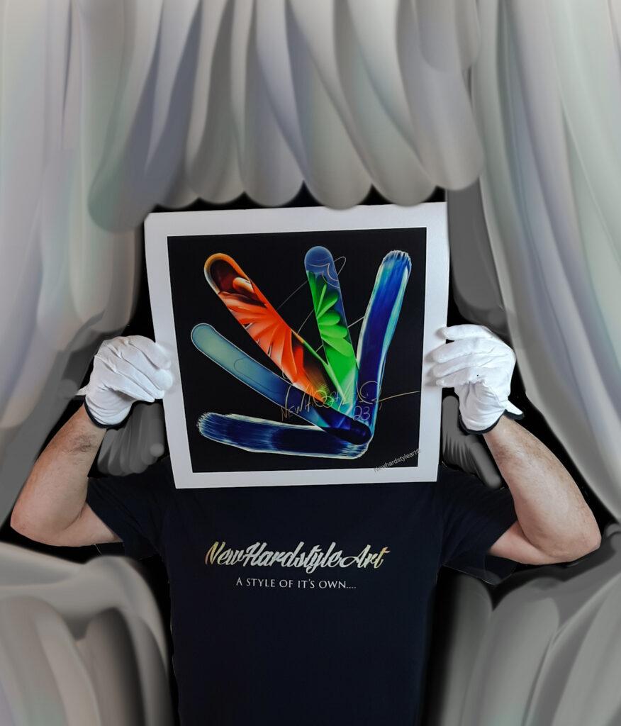 Das Bild „Give Me Five“ von Newhardstyleart® zeigt eine abstrakte, digital gemalte Komposition, die an die Form einer gespreizten Hand erinnert. Die „Finger“ sind in kräftigen, leuchtenden Farben gestaltet:Ein Finger in leuchtendem Rot mit organisch wirkenden Blüten- oder BlätterformenEin weiterer in frischem Grün mit weich verlaufenden LinienMehrere in unterschiedlichen Blautönen, teils mit sanften Lichtverläufen, teils mit texturierten KantenDie Farben wirken wie von innen beleuchtet, und das ganze Werk hat durch den dunklen Hintergrund eine fast neonartige Leuchtkraft. Feine Linien in Gold umrahmen und verbinden einzelne Elemente, was der Komposition eine elegante, schwungvolle Bewegung verleiht.Dass René den Titel als Anspielung auf „Coolness im Surfbereich“ versteht und Susann den literarischen Bezug zu Schillers „Der Handschuh“ sieht, unterstreicht die Mehrdeutigkeit des Werkes. Für den hochwertigen Kunstdruck wird von den Künstlern Hahnemühle Rag® Metallic 340 g/m² empfohlen, was die intensiven Farbkontraste und den metallischen Schimmer besonders betonen würde.