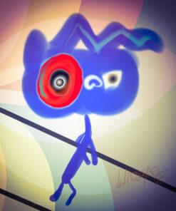 Das Bild „Chicken Hawk“ von Newhardstyleart zeigt eine surreale, abstrakte Szene: Im Zentrum schwebt ein großes, blaues, wolken- oder tierähnliches Wesen mit einer auffälligen roten, kreisförmigen Form an der linken Seite, die wie ein Auge wirkt. Das andere „Auge“ ist kleiner und gelblich. Darüber ragen zwei zickzackförmige, blaue Linien, die an Ohren oder Hörner erinnern. Unterhalb hängt eine stilisierte, strichmännchenartige Figur, ebenfalls in Blau, an zwei schwarzen Linien, die wie Strom- oder Telegrafenkabel wirken. Der Hintergrund ist weich in Pastellfarben gestaltet, mit überlagernden, blütenblattartigen Formen, die der Szene eine leuchtende, fast traumartige Atmosphäre geben. Die Komposition kombiniert organische und geometrische Formen, kräftige Farbkontraste (vor allem Blau und Rot) und einen surrealen, leicht geheimnisvollen Ausdruck.