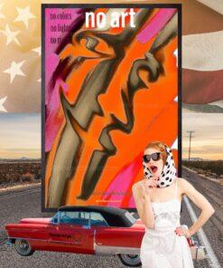 Das Bild 'Retro Magazine' von Newhardstyleart zeigt ein farbintensives, abstraktes Plakat. Der Hintergrund besteht aus kräftigem Orange, das von magenta-rosa Flächen eingerahmt wird. In der Mitte verlaufen dunkle, kantige Linien, die wie ein stilisiertes Gesicht im Profil wirkt. Die Formen überlagern sich dynamisch, fast wie eine Unterhaltung in Bewegung. Oben links steht in rosa Schrift: „no colors / no lights / no music“. Oben mittig in großen weißen Buchstaben: „no art“. Unten mittig befindet sich die Signatur „newhardstyleart“ sowie ein Copyright-Hinweis. Trotz des Textes, der eine Welt ohne Kunst beschreibt, ist das Bild voller Energie, Farbe und Ausdruckskraft.