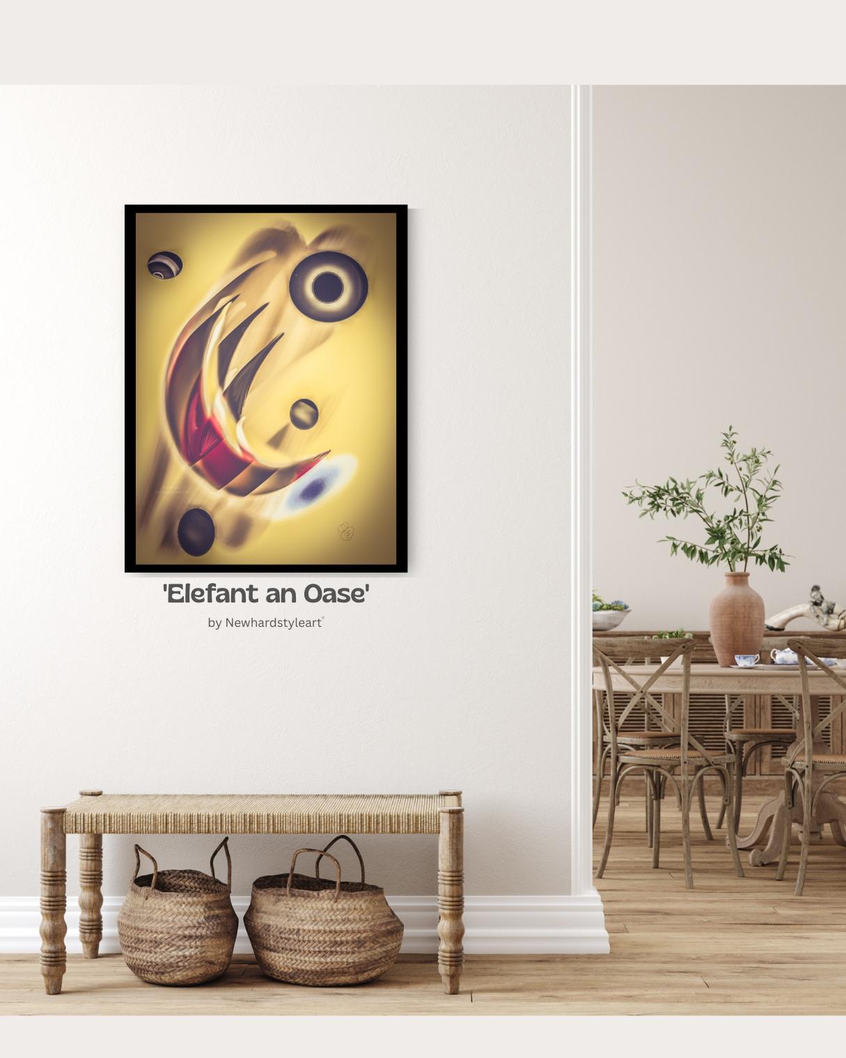 Das Bild von Newhardstyleart® zeigt eine abstrakte Darstellung, die an den Kopf eines Elefanten erinnert. Ein großes schwarzes Rund wirkt wie ein Auge. Geschwungene, helle und dunkle Flächen erzeugen Formen, die an Stoßzähne und Rüssel erinnern. Farbakzente in Rot und Blau deuten auf Bewegung und eine Oase hin. Mehrere schwebende Kreise umgeben die Figur.
