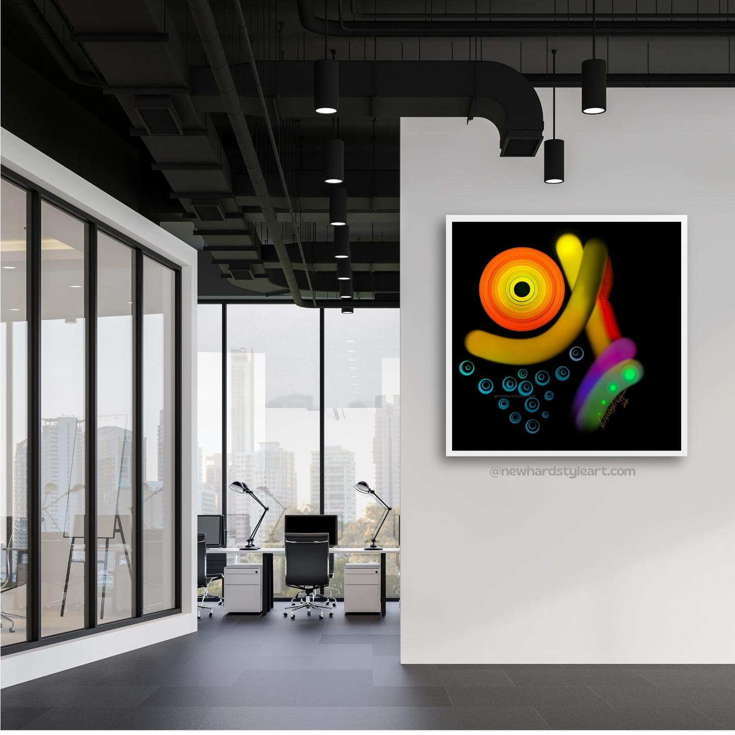 Das digitale Kunstwerk „Trippy Moonrise“ von Newhardstyleart wirkt wie eine psychedelische Interpretation eines Himmelsmoments – eine Art Mondaufgang, der aber völlig losgelöst von natürlichem Realismus ins Abstrakte und Energetische übergeht. • Links oben dominiert ein konzentrischer Kreis in kräftigen Gelb-, Orange- und Rottönen – fast wie eine Sonne oder ein überdimensionaler Mond, der in Schichten pulsiert. • Darunter schweben mehrere türkisfarbene Kreise mit inneren Ringen, die wie Blasen oder kleine Planeten wirken – vielleicht eine Anspielung auf Sterne oder Wasserblasen im kosmischen Raum. • Rechts ziehen sich breite, leuchtende Farbbahnen durch das Bild: ein strahlend gelber Bogen, daneben ein roter Streifen, darunter ein Übergang von Violett zu Grün. Diese wirken wie Bewegungen oder Energiewellen. • Das Ganze sitzt auf tiefschwarzem Hintergrund, wodurch die Neonfarben noch stärker hervorstechen und fast wie ein psychedelisches Graffiti im All wirken. Das Bild strahlt eine Mischung aus kosmischer Energie, digitalem Acid-Trip und abstraktem Symbolismus aus – wie eine surreale Erinnerung an einen Mondaufgang, den man eher fühlt als sieht.
