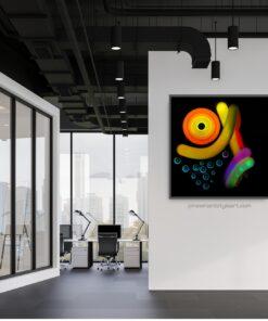 Das digitale Kunstwerk „Trippy Moonrise“ von Newhardstyleart wirkt wie eine psychedelische Interpretation eines Himmelsmoments – eine Art Mondaufgang, der aber völlig losgelöst von natürlichem Realismus ins Abstrakte und Energetische übergeht. • Links oben dominiert ein konzentrischer Kreis in kräftigen Gelb-, Orange- und Rottönen – fast wie eine Sonne oder ein überdimensionaler Mond, der in Schichten pulsiert. • Darunter schweben mehrere türkisfarbene Kreise mit inneren Ringen, die wie Blasen oder kleine Planeten wirken – vielleicht eine Anspielung auf Sterne oder Wasserblasen im kosmischen Raum. • Rechts ziehen sich breite, leuchtende Farbbahnen durch das Bild: ein strahlend gelber Bogen, daneben ein roter Streifen, darunter ein Übergang von Violett zu Grün. Diese wirken wie Bewegungen oder Energiewellen. • Das Ganze sitzt auf tiefschwarzem Hintergrund, wodurch die Neonfarben noch stärker hervorstechen und fast wie ein psychedelisches Graffiti im All wirken. Das Bild strahlt eine Mischung aus kosmischer Energie, digitalem Acid-Trip und abstraktem Symbolismus aus – wie eine surreale Erinnerung an einen Mondaufgang, den man eher fühlt als sieht.