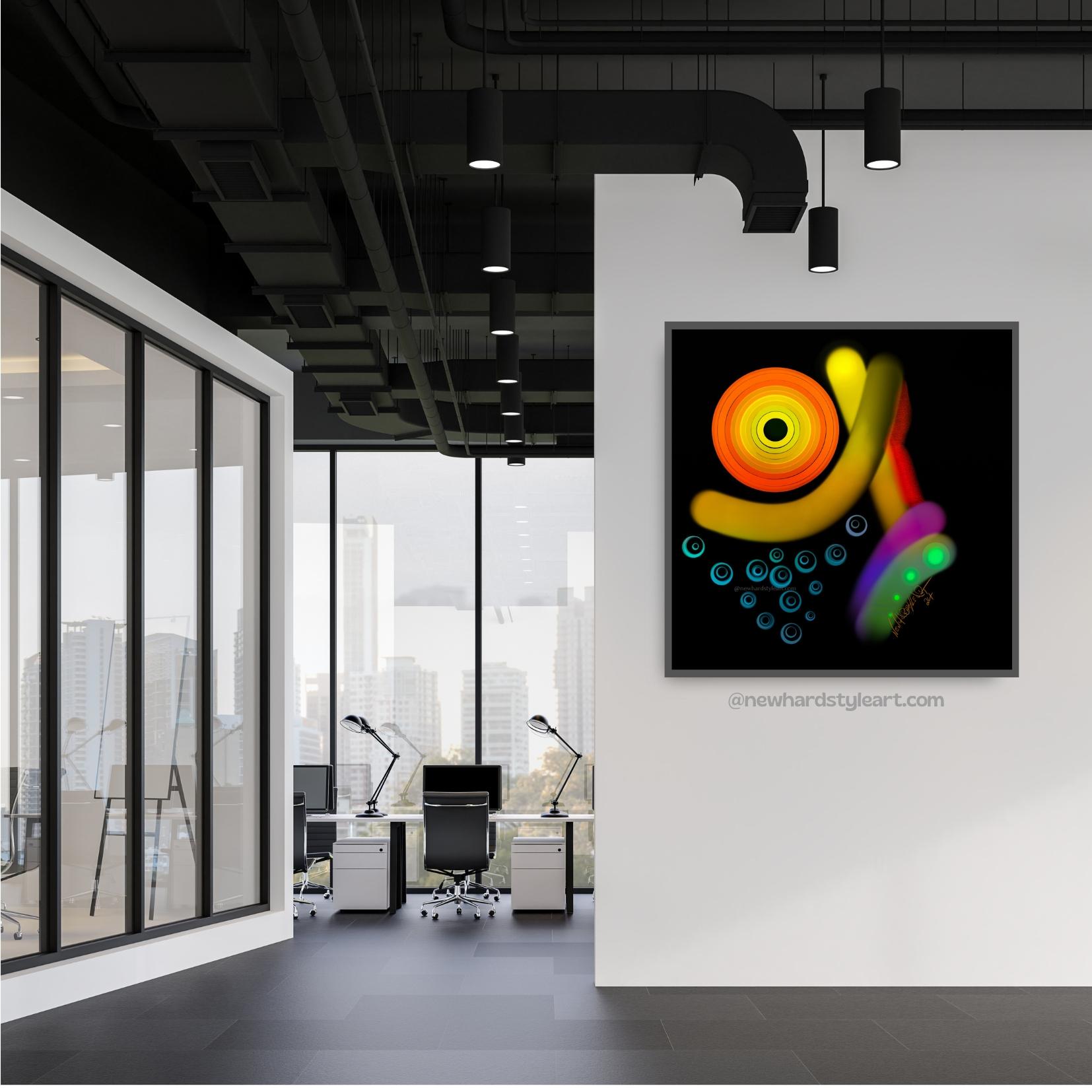 Das digitale Kunstwerk „Trippy Moonrise“ von Newhardstyleart wirkt wie eine psychedelische Interpretation eines Himmelsmoments – eine Art Mondaufgang, der aber völlig losgelöst von natürlichem Realismus ins Abstrakte und Energetische übergeht. • Links oben dominiert ein konzentrischer Kreis in kräftigen Gelb-, Orange- und Rottönen – fast wie eine Sonne oder ein überdimensionaler Mond, der in Schichten pulsiert. • Darunter schweben mehrere türkisfarbene Kreise mit inneren Ringen, die wie Blasen oder kleine Planeten wirken – vielleicht eine Anspielung auf Sterne oder Wasserblasen im kosmischen Raum. • Rechts ziehen sich breite, leuchtende Farbbahnen durch das Bild: ein strahlend gelber Bogen, daneben ein roter Streifen, darunter ein Übergang von Violett zu Grün. Diese wirken wie Bewegungen oder Energiewellen. • Das Ganze sitzt auf tiefschwarzem Hintergrund, wodurch die Neonfarben noch stärker hervorstechen und fast wie ein psychedelisches Graffiti im All wirken. Das Bild strahlt eine Mischung aus kosmischer Energie, digitalem Acid-Trip und abstraktem Symbolismus aus – wie eine surreale Erinnerung an einen Mondaufgang, den man eher fühlt als sieht.